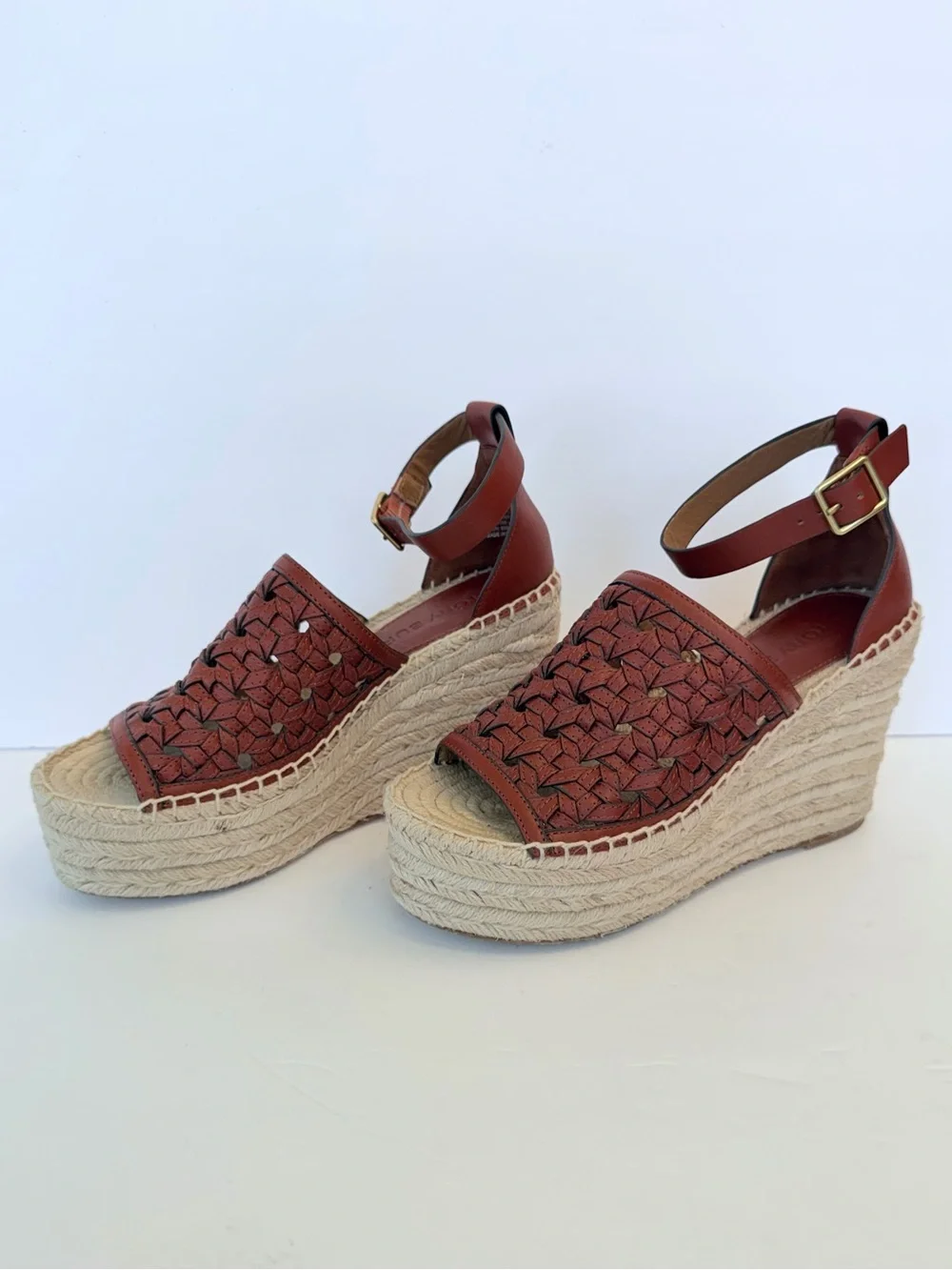 Tory Burch leather basket weave espadrille platform sandals, size 7